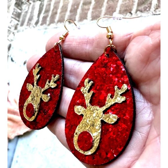 Rudolph Reindeer Earrings Christmas Handmade Whimsical Hooks Glitter Acc… - Picture 4 of 11